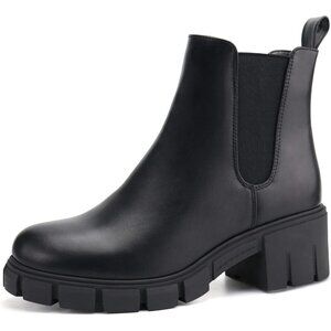 Women Black Suede Double Elastic Slip on Mid Heel Platform Ankle Booties